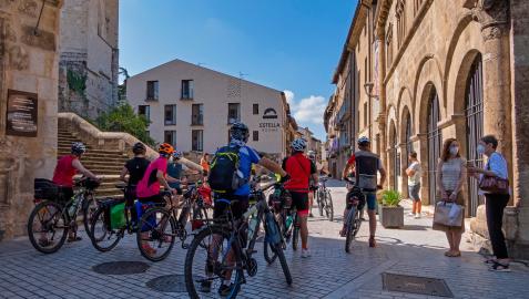 Peregrinos y transeúntes en una calle de Estella