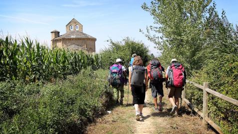 Un grupo de peregrinos se acerca a la iglesia de Santa María de Eunate