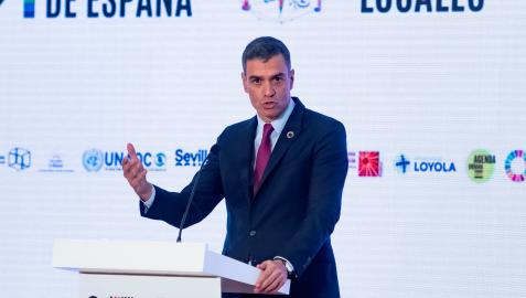 El presidente del Gobierno de España, Pedro Sánchez, durante su intervención en el I Foro Urbano de España
