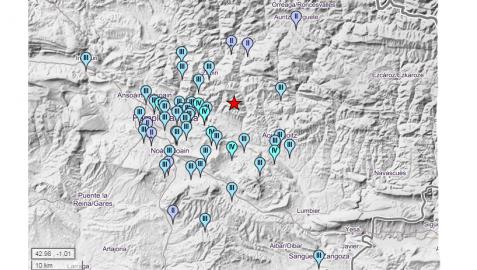 Mapa de los pueblos de Navarra en los que se ha notado el terremoto con cierta intensidad