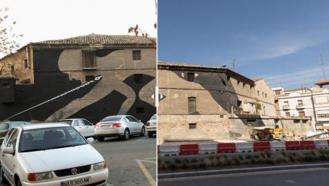 Antes y después de las obras en el antiguo edificio de sementales de Tudela