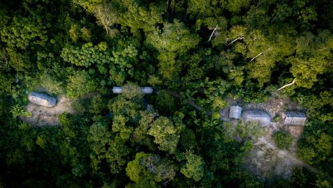 genocidio Vista aérea de una comunidad indígena en la selva amazónica