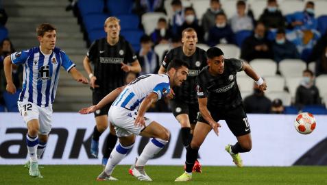 sturm graz Merino, en un lance del partido contra el Sturm Graz