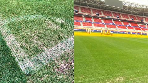 CespedSadar A la izda., plano cercano de un córner de El Sadar donde se aprecian las fibras sintéticas. A la dcha., el césped híbrido dispuesto con las lámparas de luz y calor