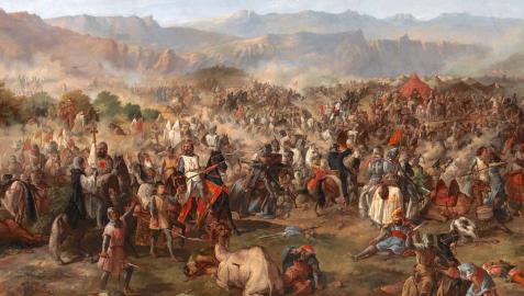 La batalla de las Navas de Tolosa, en un cuadro de Francisco de Paula. Rodrigo Ximénez de Rada fue uno de los artífices de la contienda y en ella participaron varios miembros del clan La batalla de las Navas de Tolosa, en un cuadro de Francisco de Paula. Rodrigo Ximénez de Rada fue uno de los artífices de la contienda y en ella participaron varios miembros del clan