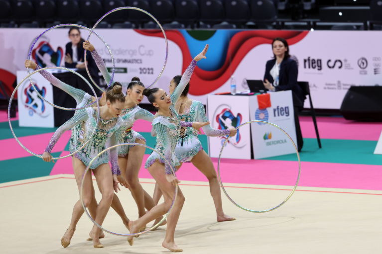 Actuación de la selección española que quedó tercera por conjuntos, detrás de Italia e Israel, en la World Challenge Cup celebrada en el Navarra Arena Actuación de la selección española que quedó tercera por conjuntos, detrás de Italia e Israel, en la World Challenge Cup celebrada en el Navarra Arena
