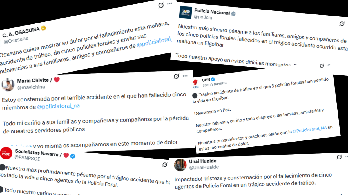 <![CDATA[De María Chivite a Osasuna: instituciones y entidades muestran su pesar por la muerte de cinco policías forales]]>