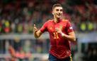 Ferrán Torres celebra uno de sus dos goles que dieron el triunfo de España ante Italia que y el pase a la final de la Liga de Naciones