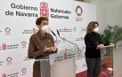La presidenta del Gobierno foral, María Chivite (izda.), en la rueda de este lunes junto a la vicepresidenta tercera y ministra para la Transición Ecológica, Teresa Ribera
