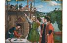 Detalle de una tabla del retablo mayor de Ororbia que representa a san Julián visitando las obras del hospital, c. 1523-1524