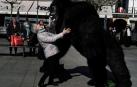 Tere Tirapu, enfermera jubilada, abraza a  King-Kong, muñeco al que da vida Cristian Gauta, un venezolano exiliado.