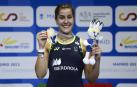 Carolina Marín, en el podio con la medalla de oro conquistada en este Europeo