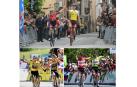 Ugaitz Otxandorena e Ibai Azanza (arriba) del Vizcay, emulan el gesto de Roglic y Vingegaard (abajo izda.) y de Majka y Pogacar (abajo dcha.)