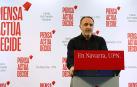 El presidente y candidato de UPN al Gobierno navarro, Javier Esparza, durante la rueda de prensa de este miércoles