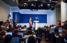 El presidente del PP, Alberto Núñez Feijóo, durante la rueda de prensa ofrecida tras la convocatoria de elecciones generales anunciada por el presidente del Gobierno, Pedro Sánchez