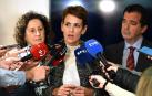 La presidenta de Navarra, María Chivite, realiza declaraciones a los medios este viernes junto a los consejeros Maeztu e Irujo tras la reunión con el ministro de Industria, Jordi Hereu y representantes de la multinacional alemana BSH