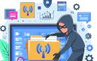 Ilustración de un hacker robando una carpeta de datos de la pantalla de una computadora portátil