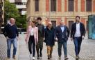 Dirigentes socialistas se dirigen a un comité regional que el PSN celebró en mayo en Baluarte. De izquierda a derecha: Carlos Gimeno, María Chivite, Elma Saiz, Bernardo Ciriza, Santos Cerdán y Ramón Alzórriz.