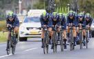 Los corredores del Movistar Team, durante la contrarreloj por equipos del pasado Eneco Tour.