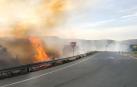 Llamas al borde de la carretera del acceso sur de Sangüesa en el incendio provocado el domingo 16 de abril.