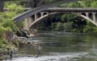 Bajo los puentes de Endarlatsa, dos aficionados tientan la suerte con sus cañas en el río Bidasoa.
