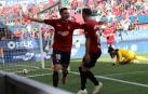 Juan Villar celebra el primer gol de Osasuna contra el Córdoba.