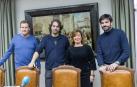 De izquierda a derecha, el concejal de Deportes, José Antonio Fraile; los portavoces de Tudela Puede y PSN Dani López y Silvia Cepas, y el alcalde, Eneko Larrarte, en la rueda de prensa de ayer.