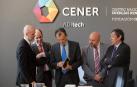 Pablo Ayesa, director general de CENER; Manu Ayerdi, vicepresidente de Desarrollo Económico; Pedro Duque, ministro de Ciencia, Innovación y Universidades; José Luis Arasti, delegado del Gobierno en Navarra; y Rafael Rodrigo, secretario general de Coordinación de Política Científica.