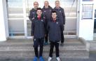 De izquierda a derecha: Eduardo Almiñana, Miguel Martínez, Joaquín Pérez “Pibe”, Germán Irigoyen y Julio Arciniega posan en la escalinata de Tajonar.