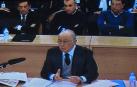 Fotografía del monitor de la sala de prensa de la sede de la Audiencia Nacional en San Fernando de Henares, con la declaración del expresidente de Bankia Rodrigo Rato.