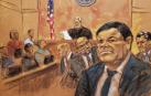 Reproducción fotográfica de un dibujo realizado por la artista Jane Rosenberg donde aparece el juez de la corte federal de Brooklyn, Brian Cogan (fondo c), mientras lee el veredicto contra el narcotraficante mexicano Joaquín "el Chapo" Guzmán (d), acompañado de sus tres abogados William Purpura, Eduardo Balarezo y Jeffrey Lichtman.