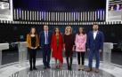 Irene Montero (Unidas Podemos), Aitor Esteban (PNV), Maria Jesús Montero (PSOE), Cayetana Álvarez de Toledo(PP), Inés Arrimadas (Ciudadanos) y Gabriel Rufian (ERC),i-d, poco antes del debate electoral que protagonizaron esta noche en TVE.