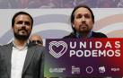 Alberto Garzón y Pablo Iglesias, en su comparecencia tras las elecciones.