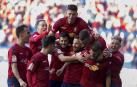 Piña de los jugadores rojillos el día del triunfo contra el Albacete.