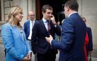 El presidente nacional del Partido Popular, Pablo Casado, al término de la reunión este viernes en el Parlamento de Navarra con Javier Esparza.