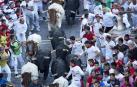 Imágenes del cuarto encierro de los sanfermines 2019 protagonizado por toros de Jandilla.