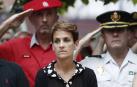 La presidenta del Gobierno de Navarra, María Chivite, durante le homenaje que se le ha tributado al subteniente Francisco Casanova, militar que trabajaba en el cercano acuartelamiento de Aizoain, asesinado por terroristas de ETA hace diecinueve años.