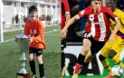 Oihan Sancet, en una imagen de 2012 con el trofeo de mejor jugador del Interescolar y en otra, en su debut.