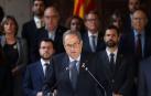 Quim Torra, secundado durante la declaración institucional por todos los miembros del Govern y por el presidente del Parlament, Roger Torrent.