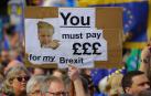 Un manifestante contrario al Brexit sostiene una pancarta contra Boris Johnson.