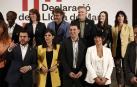 Los dirigentes de EH Bidu, Arnaldo Otegi (2d) y Maddalen Iriarte (d), junto con el vicepresidente del Govern, Pere Aragonès (i), y la dirigente de ERC, Marta Vilalta, (2i).