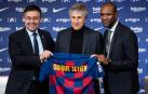 Josep María Bartomeu, Quique Setién y Eric Abidal, en la presentación del nuevo entrenador del Barcelona