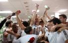 Los jugadores del Unionistas de Salamanca celebran que se enfretarán al Real Madrid en los dieciseisavos de final de la Copa del Rey.