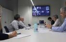 A la izquierda, Begoña Echeverría, Primi Sánchez y Miguel Pozueta. A la derecha, Juanto Apezetxea, Ramón Santesteban y Mikel Navarro, este miércoles en el Navarra Arena.