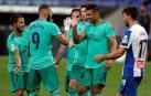 Casemiro celebra con Benzema su gol ante el RCD Espanyol