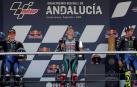 Fabio Quartararo junto a Maverick Viñales y Valentino Rossi, primero, segundo y tercero, respectivamente, podio de MotoGP del G.P. de Andalucía
