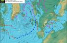 Mapa previsto para el miércoles a las 13:00 h donde se ve el frente de frío polar sobre el Atlántico.