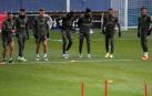 Jugadores del Atlético de Madrid, en el entrenamiento previo al partido de Champions