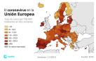 Mapa con la tasa de incidencia acumulada de coronavirus por 100.000 habitantes en las primeras dos semanas de 2021 por regiones en la Unión Europea