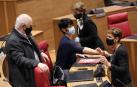 Aierdi, Saiz y Chivite, durante el pleno del Parlamento de Navarra